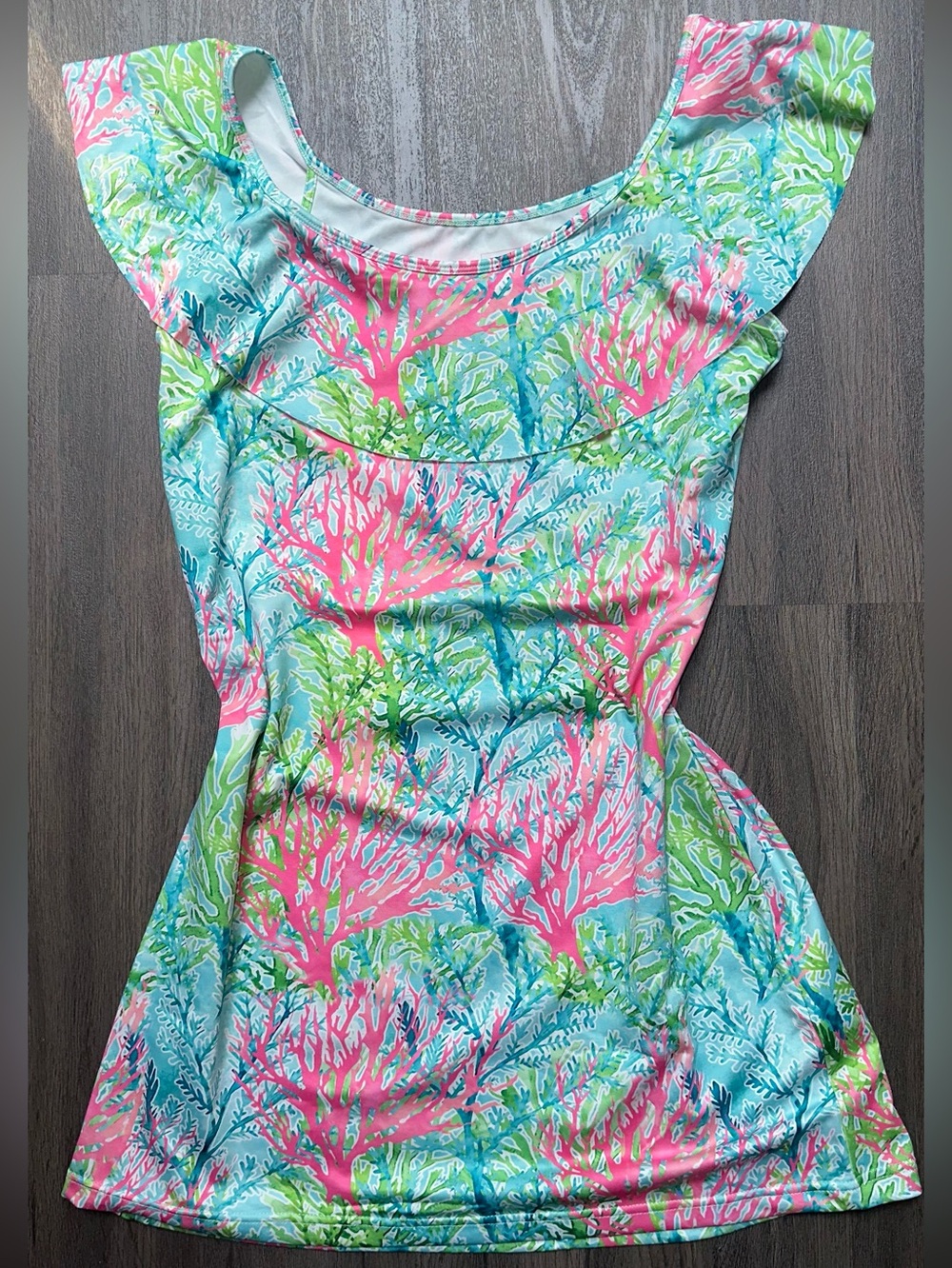 Alvin’s Island Coral-Print Cap Sleeve  Ruffle Neckline Women’s Dress Size L